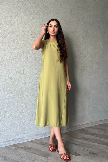 Seda Yalçın Atelier Oil Green Midi Dress - Zero Sleeve Design