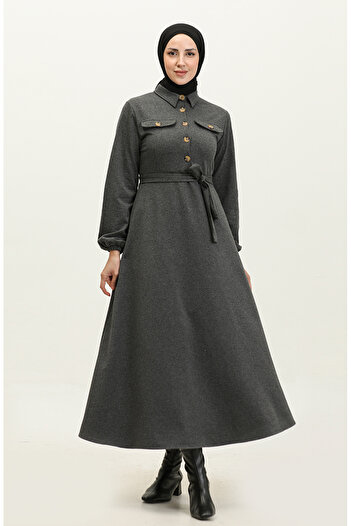 sefamerve Anthracite Cup Dress - Pocket Detailed, Model 0331-01