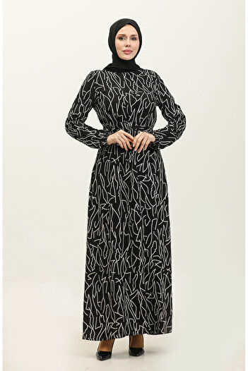 sefamerve Black Viscose Belted Patterned Dress - 2067-01