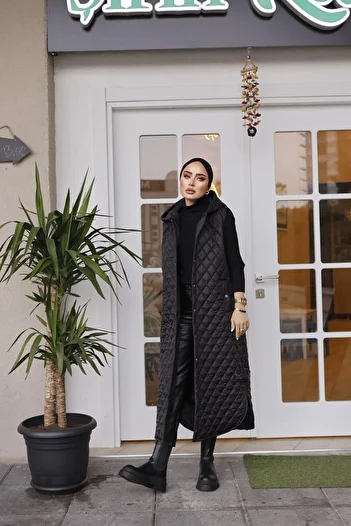 MASSMİZO Women's Hooded Slit Detailed Long Filling Vest