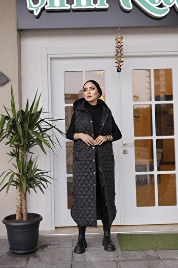 MASSMİZO Women's Hooded Slit Detailed Long Filling Vest