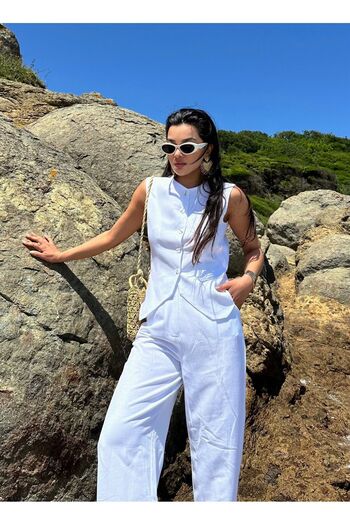 Laluvia 100% Cotton White Vest and Trousers Set