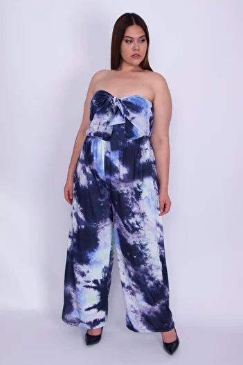 Şans Női nagy méretű kék ​​felsőrész elasztikus övvel ellátott batikolt mintás Palazzo jumpsuit 65n26043