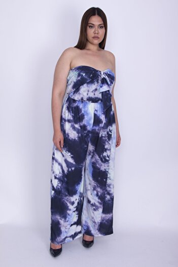 Şans Női nagy méretű kék ​​felsőrész elasztikus övvel ellátott batikolt mintás Palazzo jumpsuit 65n26043