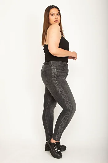Şans Women's Large Size Anthracite Side Detailed Lycra 5 Pocket Skinny Leg Jeans 65n26400