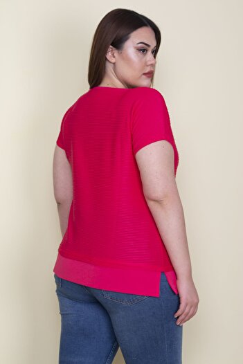 Şans Women's Plus Size Fuchsia Hemline Plain Crepe Low Sleeve Self-Striped Blouse 65n26139