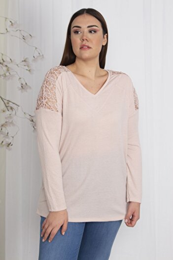 Şans Women's Large Size Powder Shoulder and Back Robe Lace Raglan Sleeve Blouse 65n26371