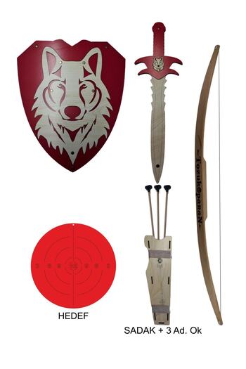 Ahtek Natural Wooden Arrow Bow + Wolf Head Shield + Sword + Quiver + Target Red