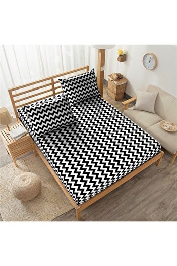 mer-tim ezberbozan ev tekstili Mer-tim Double 160x200 Elastic Sheet Set - Black-white Zigzag Patterned
