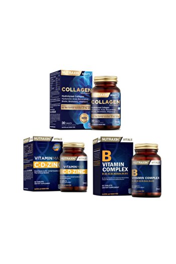 Nutraxin Hydrolyzed Collagen Hyaluronic Acid 30 Tablets + Vitamin Max(c,d,Zinc)60 Tablets + Vitamin B 60 Tablets