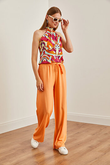 Olalook Melon Patterned Belted Viscon Palazzo Women's Trousers - PNT-19000169