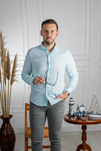 Sarar İnterview Sarar Goias Düğmeli Yaka Slim Fit Keten Yeşil Gömlek