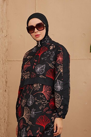 Starinci Mayo Black Poppy Patterned Hijab Swimsuit - Kangaroo Model Woven