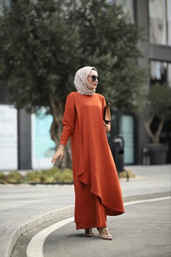 NS Moda Tesettür Ayrobin Hera Elbise Kiremit Model-508