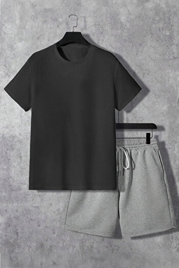 EFFRENATU Unisex Oversize Μαύρο T-shirt και σορτς Σετ - Crew Neck