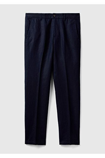 United Colors of Benetton Men's Linen Blended - Straight Dark Navy Blue Trousers with Pocket Ribbed Belt