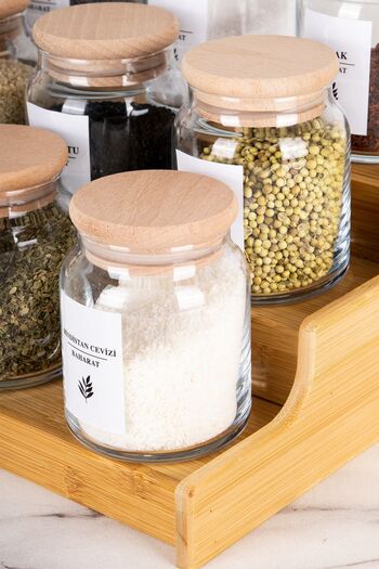 DNS HOME 9-Piece Spice Jar Set - Wooden Lid, Layered Stand, Spice Label, Glass 300 ml Storage Jar