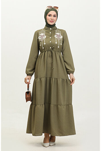 sefamerve Khaki Embroidered Drawstring Belted Dress - 0382-01
