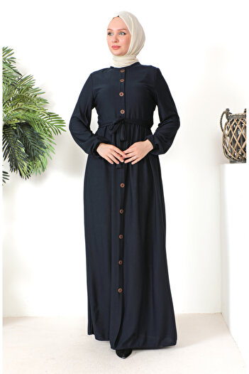 sefamerve Navy Blue Belted Button Detailed Dress - 7878-08