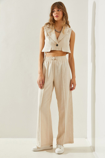 Bianco Lucci Crop Vest and Palazzo Pants Set - Pocket Cover Detail, Women's,60251229