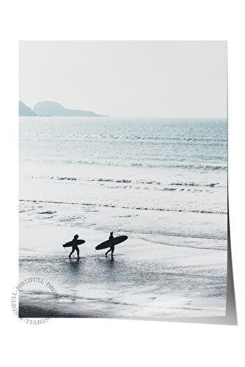 Postifull Frameless Poster, Summer Themed Painting No:254, Surfers and Seaside Photo, White Poster, Vertical