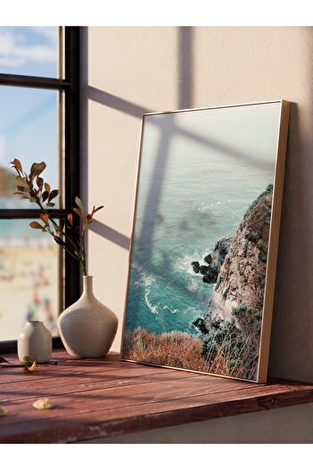 Postifull Frameless Poster, Summer Themed Painting No:252, Sea and Rockery Landscape Photo, Grey Poster, Vertical