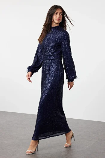 Trendyol Modest Večerní šaty s flitry v námořnické modré - Otriş Detailed TCTSS24DB00049