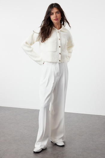 Trendyol Collection Bone Soft Textured Polo Collar Coat Look Knitwear Cardigan Twoaw25Hi00076