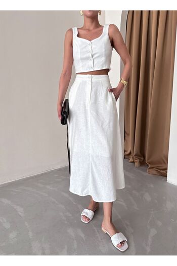 Laluvia 100% Cotton White Linen Vest and Skirt Set
