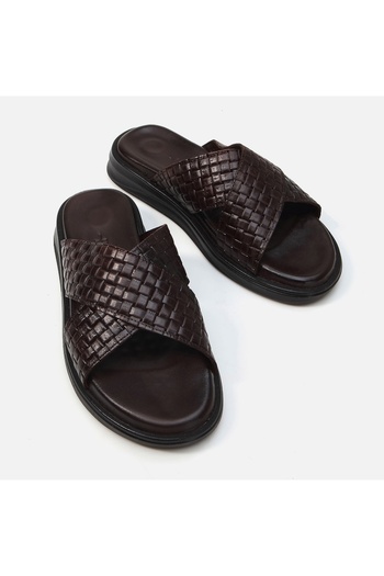 Hotiç Men's Slippers - Genuine Leather and Brown Color