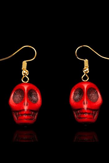 Tesbih Atölyesi Certified Gold Skeleton Model Red Howlite Stone Necklace and Earrings Set