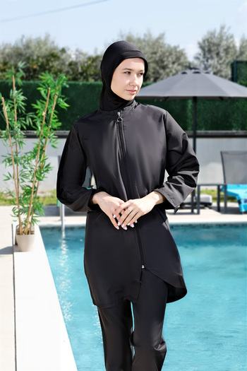 Eke Tekstil Black Full Covered Water Repellent Fast Drying Side Adjustable Zippered Hijab Swimsuit