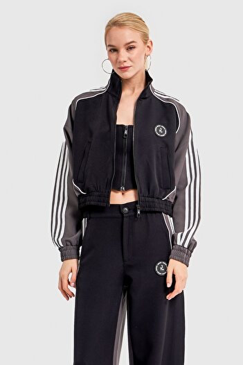 its basic Women's Anthracite Black Color Stripe Detailed Design Bomber Jacket