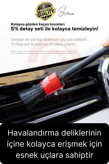 Svein Premium 5 Parça Yumuşak Kıllı Temizleme Fırçası Detaylı Otomobil İç Araç Temizlik Seti Sökücü Bakım