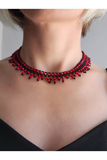 Eva Takı Ethnic Bohemian Sand Crystal Bead Handmade Red Cluster Necklace