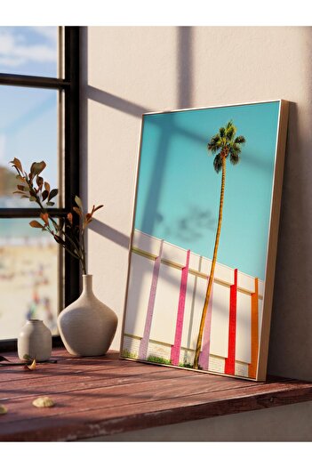 Postifull Frameless Poster, Summer Themed Painting No:249, Single Palm and Blue Sky Photo, Yellow Poster Vertical