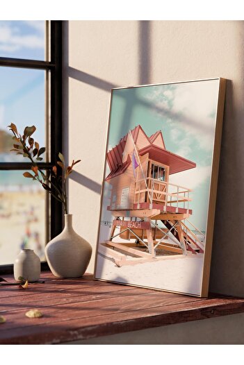 Postifull Frameless Poster, Summer Themed Painting No:230, Colorful Seaside House and Palm Photo, Red Vertical
