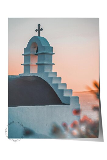 Postifull Frameless Poster, Summer Themed Painting No:236, White Church and Bell Photo, White Poster, Vertical