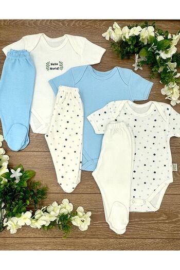 PATSAN 6 Parça Pamuklu Yeni Doğan Bebek Alt Üst Takımı (3 Çıtçıtlı Body + 3 Patikli Alt) Puantiye