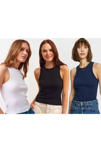 Actiwear Ribbed Halter Collar Knitted Tank Top - 3 Pack T-Shirt