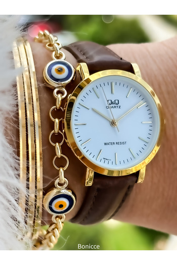 Q&Q Brand Retro Brown Leather Band, Polite Women's Wristwatch + Bracelet