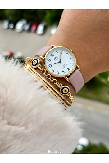 Q&Q Retro Brand - Women's Wristwatch Bracelet with Pink Leather Cord, Yellow Case and Numbers