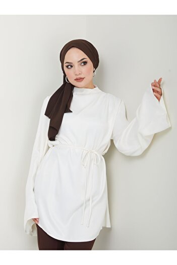 Tate Ecru Satin Tunic - Lace-Up Blouse