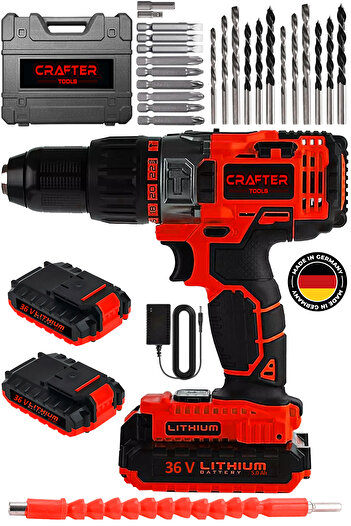 CRAFTERTOOLS 36V 5Ah Metal Şanzıman Çift Akülü Darbeli Şarjlı Matkap 24 Parça Akülü Vidalama Akülü Matkap Seti