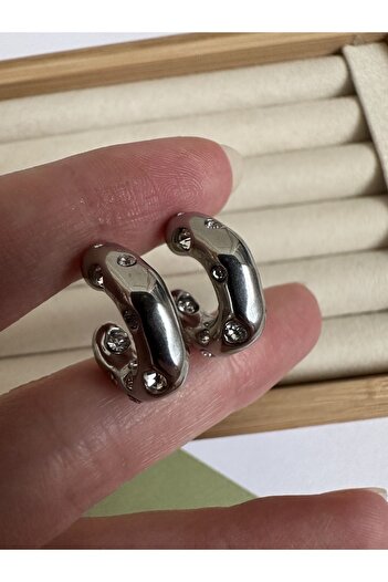 ringbox Gümüş Renk Çelik Kararmaz Taşlı Ufak Boy Küpe