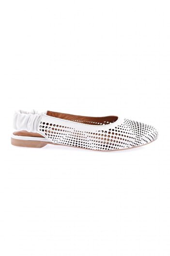 DGN Laser Printed 304-23y White Genuine Leather Women's Ballerinas - Zenne with Open Back Elastics