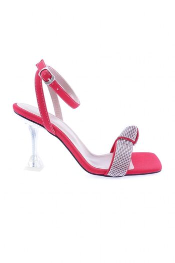 DGN 5162-23y Women's Red Satin - Silver Stoned Twisted Heeled Shoes