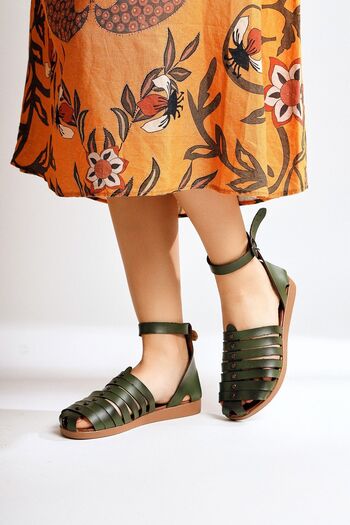 Limoya Genuine Leather Helen Khaki Fingers Covering Bodrum Women's Sandals