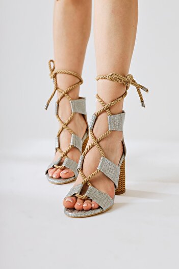 Limoya Britty Silver Crocodile Patent Leather Thick Banded Rope Laced Heeled Women's Sandals