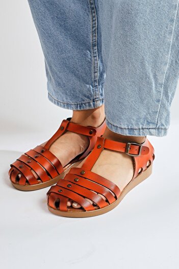 Limoya Genuine Leather Helen Orange Fingers Covering Bodrum Women's Sandals